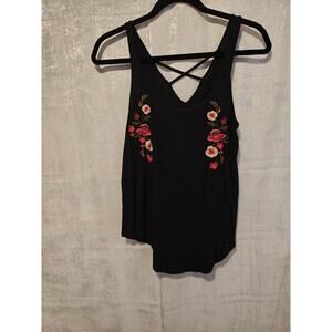 Hollister XS Black Embroider Tank CrissCross Flowy Boho Western Cowgirl Festival